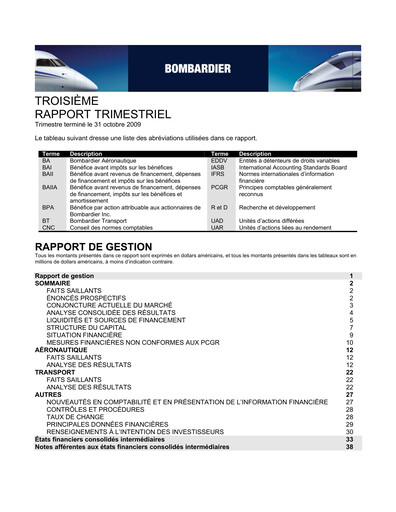 Thumbnail Bombardier Quarterly Report 2009-q3
