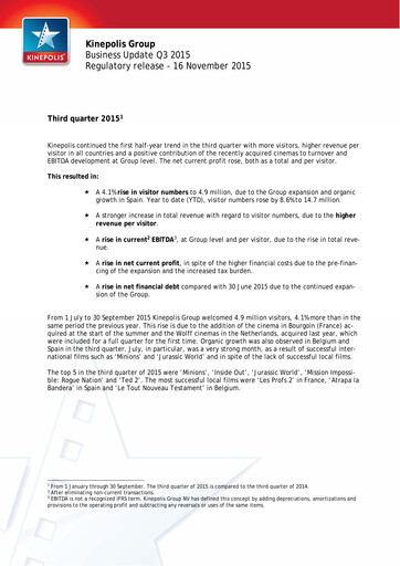 Vorschaubild Kinepolis Group  Quartalsbericht 2015-q3