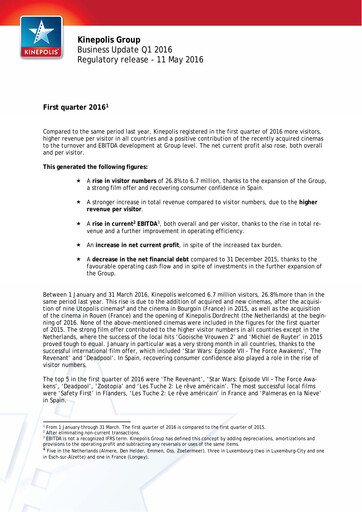 Vorschaubild Kinepolis Group  Quartalsbericht 2016-q1