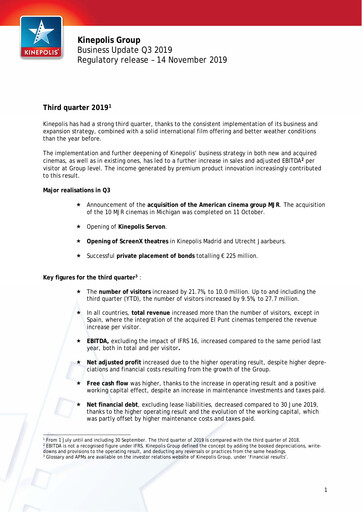 Vorschaubild Kinepolis Group  Quartalsbericht 2019-q3