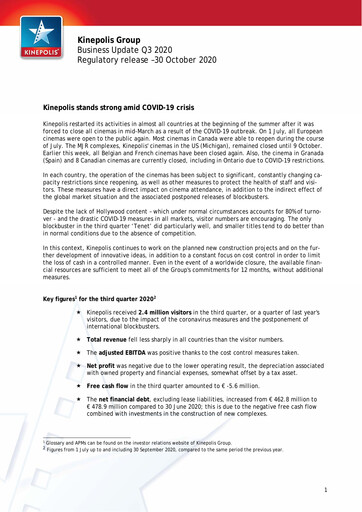 Vorschaubild Kinepolis Group  Quartalsbericht 2020-q3