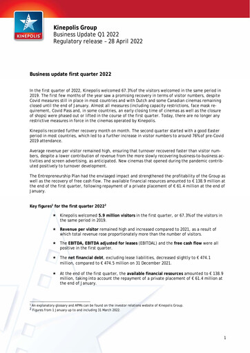 Vorschaubild Kinepolis Group  Quartalsbericht 2022-q1
