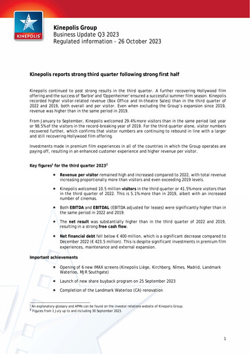 Vorschaubild Kinepolis Group  Quartalsbericht 2023-q3