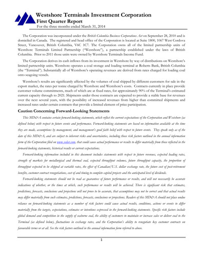 Miniature Westshore Terminals Investment Rapport trimestriel 2014-q1