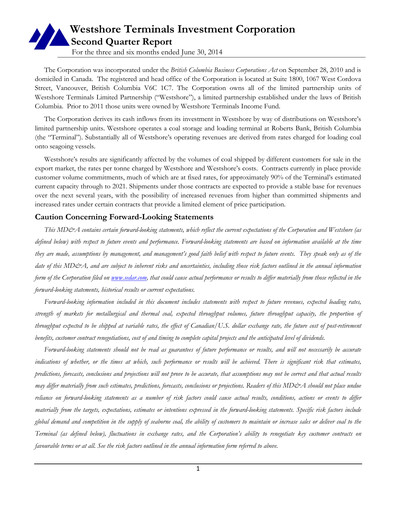Miniature Westshore Terminals Investment Rapport trimestriel 2014-q2