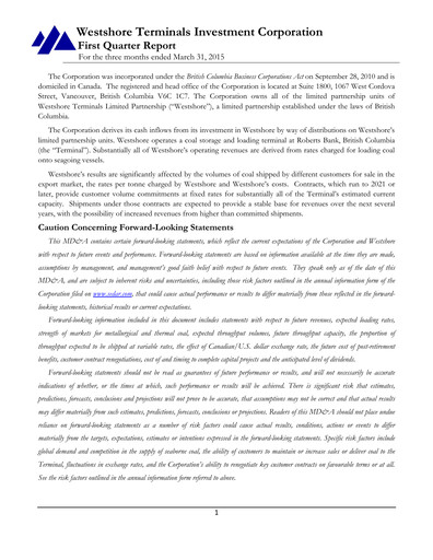 Miniature Westshore Terminals Investment Rapport trimestriel 2015-q1