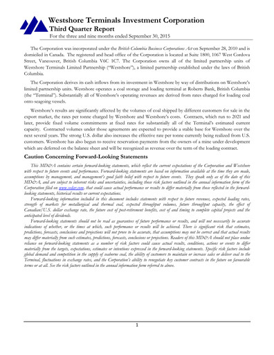 Miniature Westshore Terminals Investment Rapport trimestriel 2015-q3