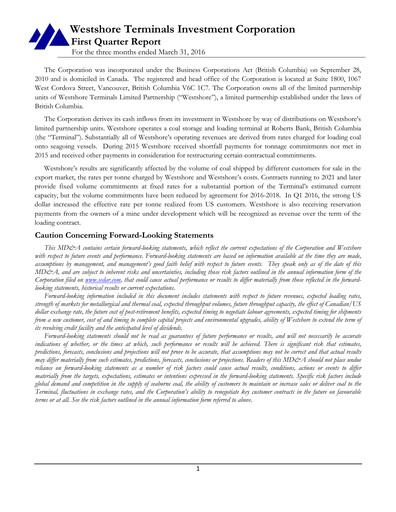 Miniature Westshore Terminals Investment Rapport trimestriel 2016-q1