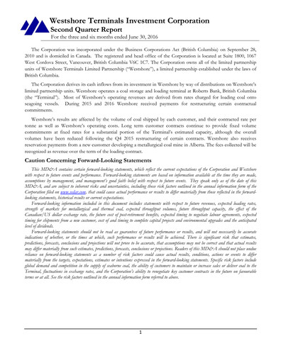 Miniature Westshore Terminals Investment Rapport trimestriel 2016-q2
