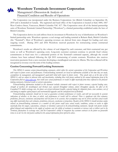 Miniature Westshore Terminals Investment Rapport trimestriel 2016-q3