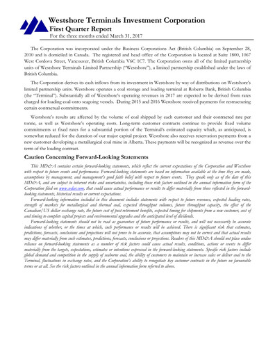 Miniature Westshore Terminals Investment Rapport trimestriel 2017-q1