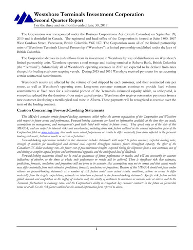 Miniature Westshore Terminals Investment Rapport trimestriel 2017-q2