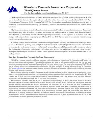 Miniature Westshore Terminals Investment Rapport trimestriel 2017-q3