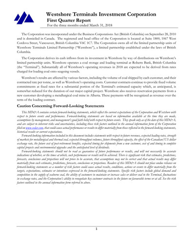 Miniature Westshore Terminals Investment Rapport trimestriel 2018-q1