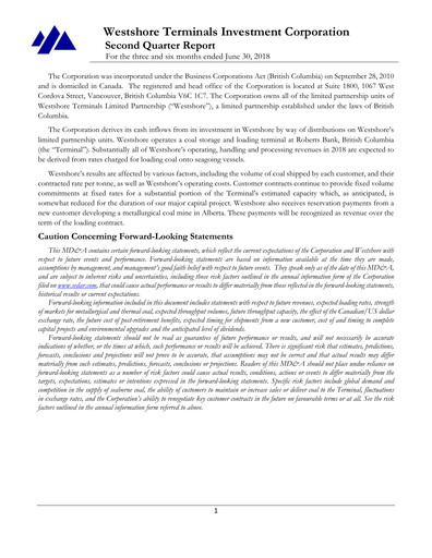 Miniature Westshore Terminals Investment Rapport trimestriel 2018-q2