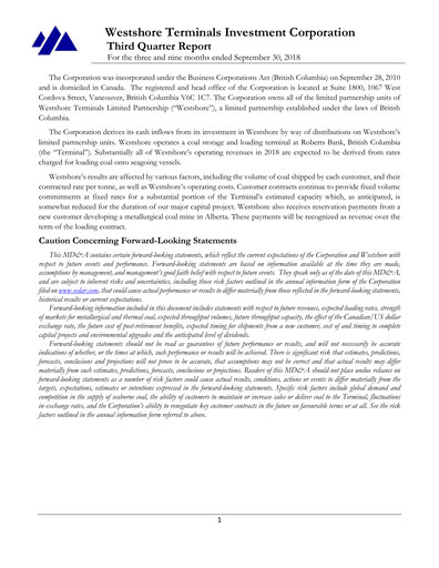 Miniature Westshore Terminals Investment Rapport trimestriel 2018-q3