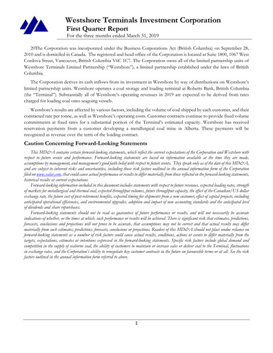 Miniature Westshore Terminals Investment Rapport trimestriel 2019-q1