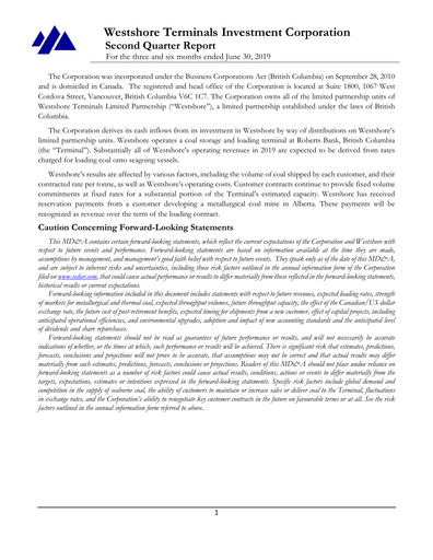 Miniature Westshore Terminals Investment Rapport trimestriel 2019-q2
