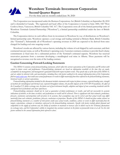 Miniature Westshore Terminals Investment Rapport trimestriel 2020-q2