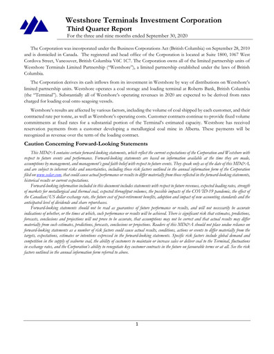 Miniature Westshore Terminals Investment Rapport trimestriel 2020-q3