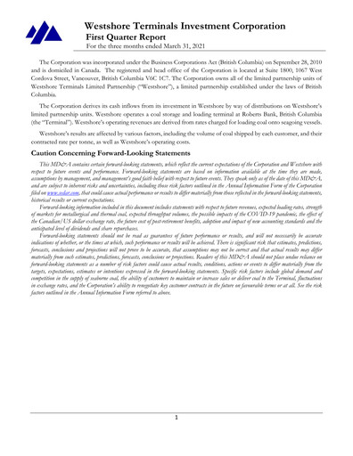 Thumbnail Westshore Terminals Investment Quarterly Report 2021-q1