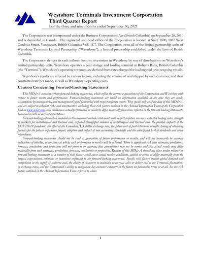 Thumbnail Westshore Terminals Investment Quarterly Report 2021-q3