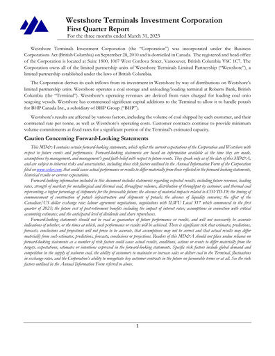 Thumbnail Westshore Terminals Investment Quarterly Report 2023-q1