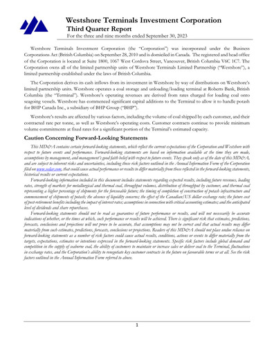 Thumbnail Westshore Terminals Investment Quarterly Report 2023-q3