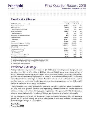 Miniature Freehold Royalties Rapport trimestriel 2019-q1