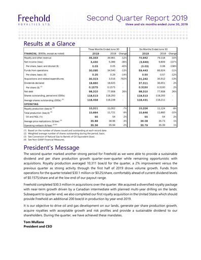 Miniature Freehold Royalties Rapport trimestriel 2019-q2