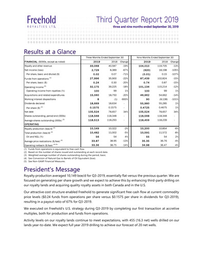 Miniature Freehold Royalties Rapport trimestriel 2019-q3