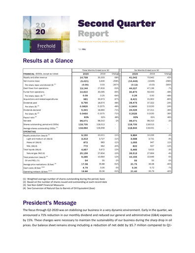 Miniature Freehold Royalties Rapport trimestriel 2020-q2