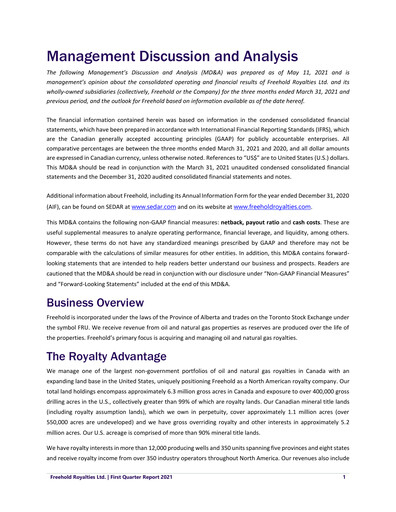 Miniature Freehold Royalties Rapport trimestriel 2021-q1
