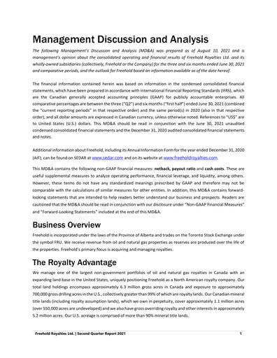 Miniature Freehold Royalties Rapport trimestriel 2021-q2