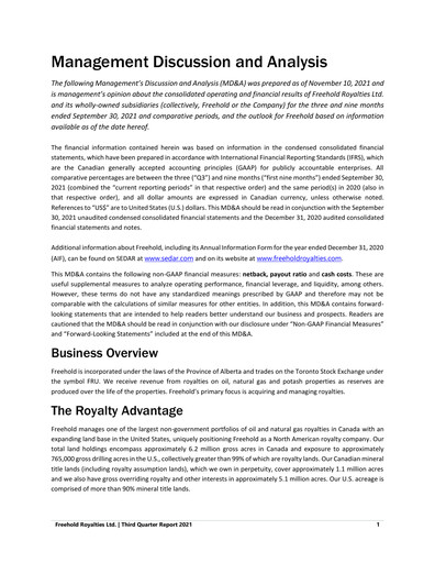 Miniature Freehold Royalties Rapport trimestriel 2021-q3
