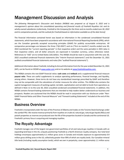 Miniature Freehold Royalties Rapport trimestriel 2022-q2
