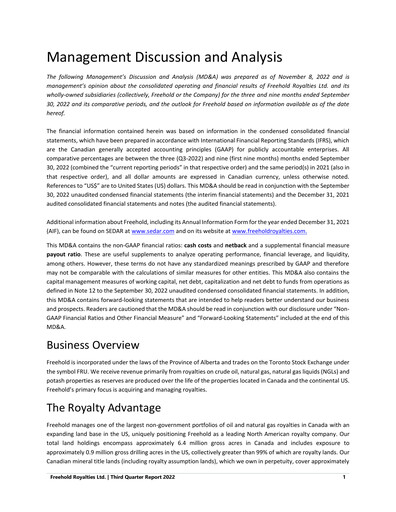 Miniature Freehold Royalties Rapport trimestriel 2022-q3