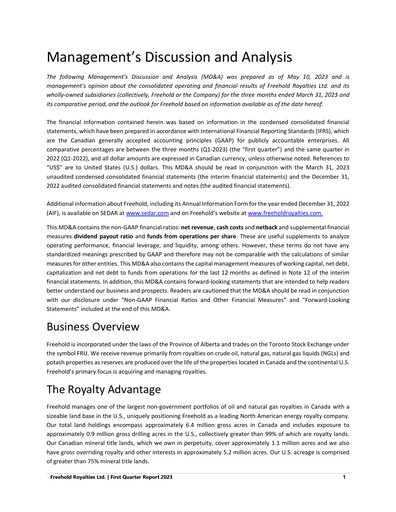 Miniature Freehold Royalties Rapport trimestriel 2023-q1