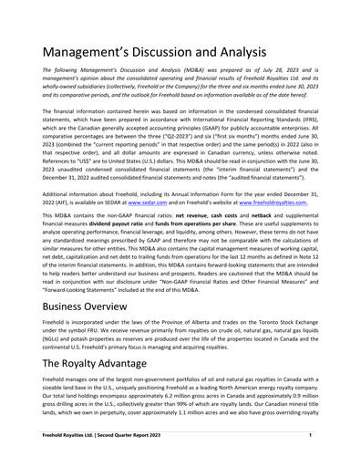 Miniature Freehold Royalties Rapport trimestriel 2023-q2
