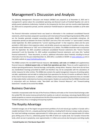 Miniature Freehold Royalties Rapport trimestriel 2023-q3