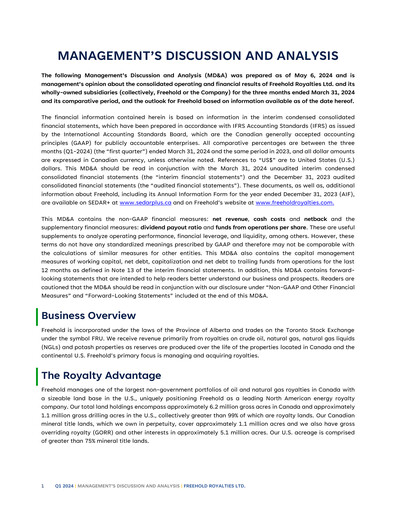 Miniature Freehold Royalties Rapport trimestriel 2024-q1