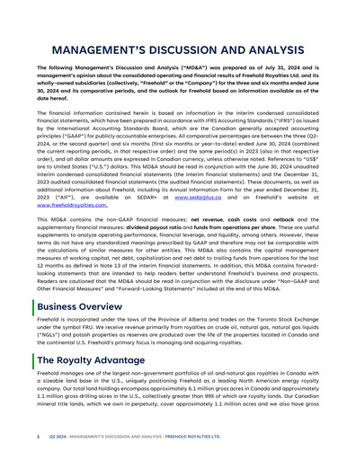 Miniature Freehold Royalties Rapport trimestriel 2024-q2
