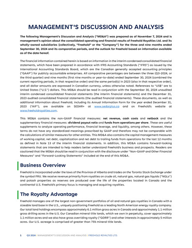 Miniature Freehold Royalties Rapport trimestriel 2024-q3