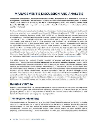 Miniature Freehold Royalties Rapport trimestriel 2025-q3