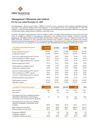 Thumbnail First Quantum Minerals
 Financial Statement 2016