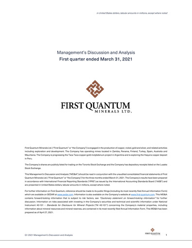 Thumbnail First Quantum Minerals
 Quarterly Report 2021-q1