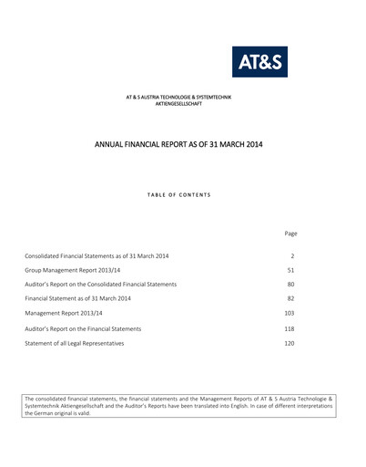 Thumbnail AT&S Austria Technologie & Systemtechnik Financial Statement 2013-2014
