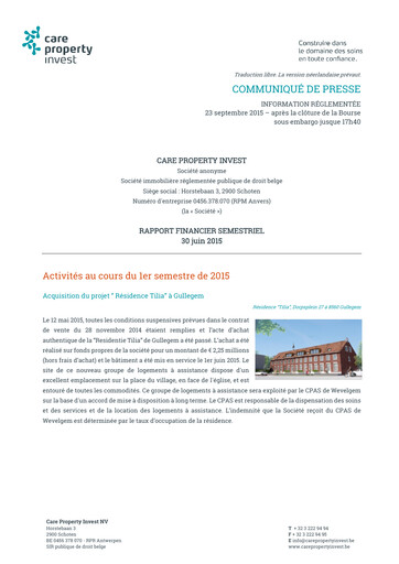 Thumbnail Care Property Invest NV Half-year Report 2015-h1