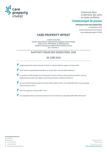 Miniature Care Property Invest NV Rapport semestriel 2018-h1