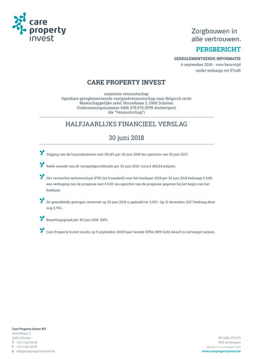 Miniature Care Property Invest NV Rapport semestriel 2018-h1